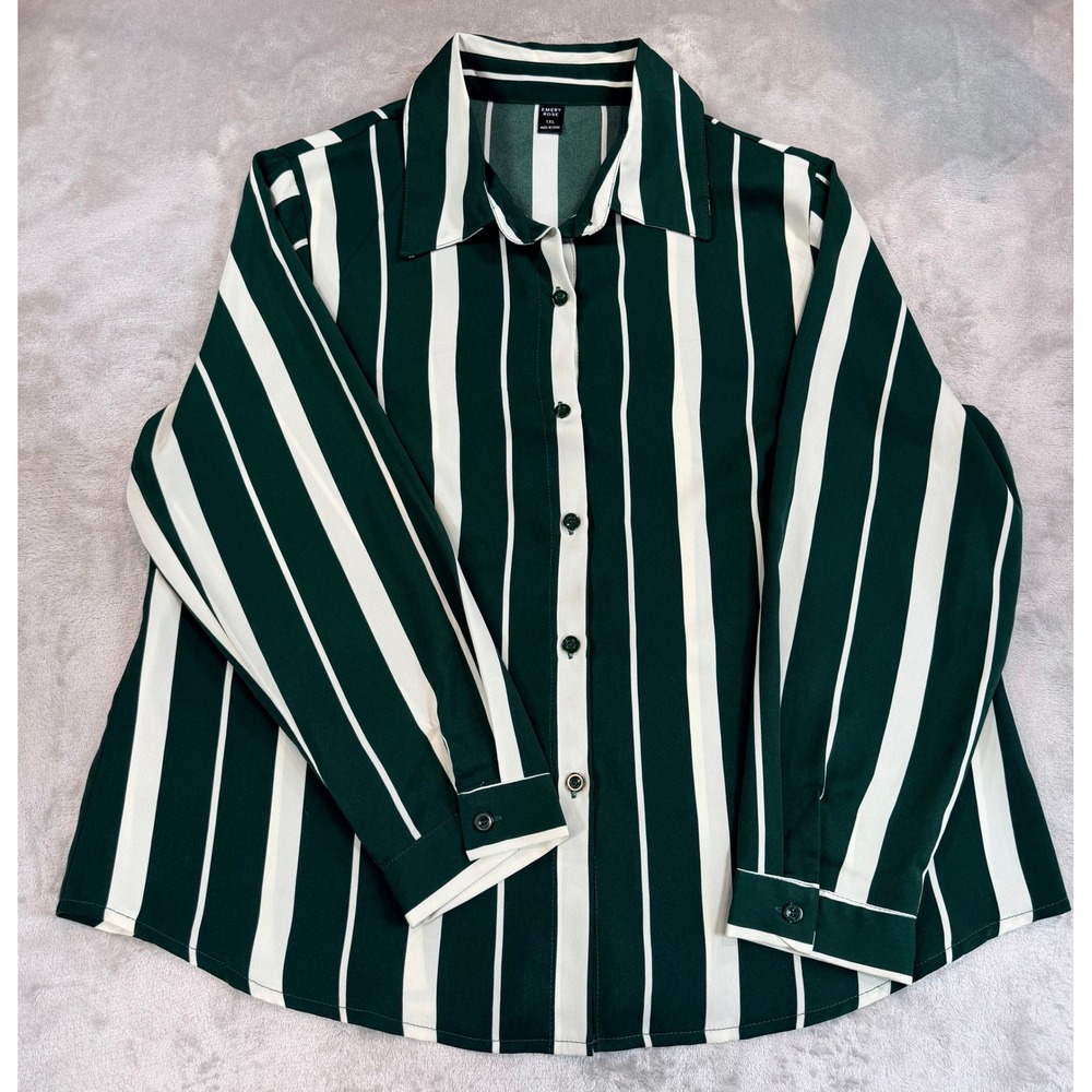 Emery Rose Womens Button Up Shirt Green White Striped Long Sleeve 1XL